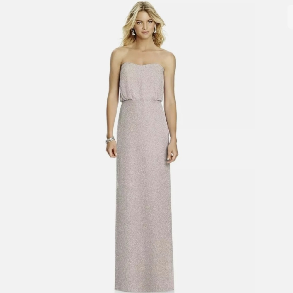 NWOT After Six Strapless Blouson Formal Bridesmaid Dress Taupe Silver Shimmer 2